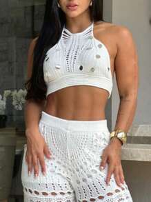 2 Pieces Halter Sleeveless Crop Top And Casual Hollow-Out Loose Fit Pants Set - trắng - Xem 4