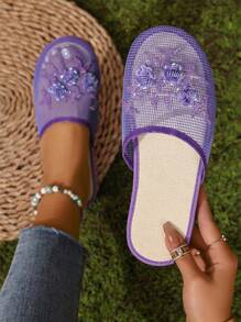 2024 Fashionable Handmade Pearl Decorated Indoor/Outdoor Dual-Use Mesh Slippers - Purple - View 2