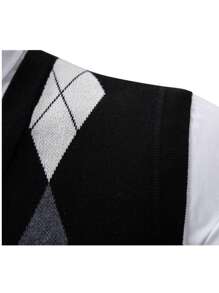 Men's Diamond Pattern Color Blocking Sleeveless Knit Sweater, Casual V-Neck Vest For Daily Wear, Outdoor Activities And Holiday, Suitable As Layering, For Fall - Black - View 4