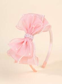 1pc Solid Color Bow Hair Band,Tulle Faux Pearl Headband,Fashion Hair Accessories For Toddlers Kids Daily Use Gifts