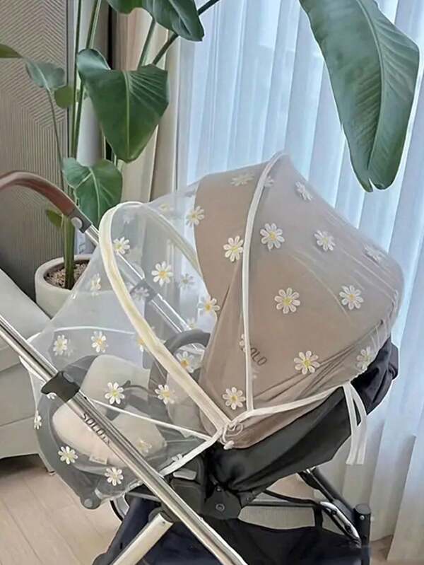 1pc Baby Stroller Mosquito Net With Embroidered Daisy Design, Foldable No-Installation Pushchair Insect Netting