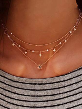 1 件波西米亚风格合金五角星镶嵌多层八角星吊坠项链，适合节日和日常佩戴