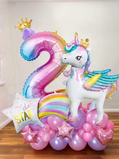 54pcs/Set Unicorn 2nd Birthday Balloon, Including Self-Standing Unicorn Balloon, Rainbow Number 0-9 Balloon, Happy Birthday Foil Balloon, Suitable For Unicorn & Rainbow Themed Parties, Birthday Parties, Baby Showers, Weddings, Party Decorations