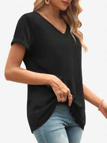 KAHULE Womens T Shirts V Neck Short Sleeve Casual Loose Tees Tops Trending - 黑色 - 查看 4