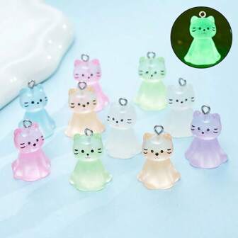 10pcs Lovely Glow-In-The-Dark 3D Cat Pendant, Transparent Resin Cat Pendant For DIY Necklace, Earrings, Bracelet And Keychain Jewelry Making, Colorful Resin Animal Charms Crafting Accessories
