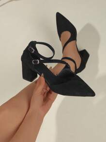 Damen Mode Spitze Zehen Plateau Absatz Weiche Sohle Atmungsaktiv Quadrat Absatz Sandalen, Vielseitig für den Outdoor Urlaub, Doppelte Schnalle Schwarze High Heels