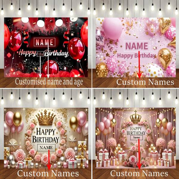 Customisable Name Years Spotlight Red Pink Gold Glitter Balloon Background Birthday Photography Banner Personalised Text Design Suitable For Birthday Shower Party Cake Table Decoration Banner Portrait Photography Banner Vinyl
