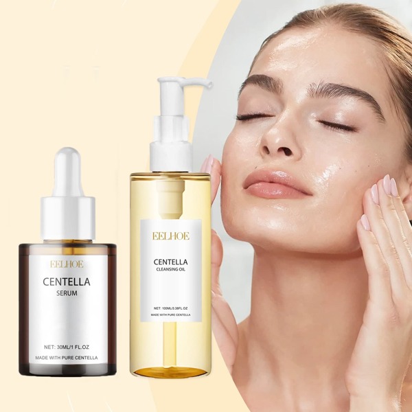 Conjunto de Cuidados com a Pele Centella Asiatica de Madagascar - Essência + Óleo de Limpeza, Removedor de Cravos de Maquiagem sem Entupir os Poros, Remove Rímel à Prova d'Água e Batom, Suave e Delicado, Sérum Facial Brilhante e Hidratante de Ácido Hialurônico, Conjunto de Presentes de Produtos de Cuidados com a Pele, Adequado para Pele Sensível