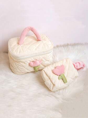 1 Pc Cute Solid Tulip Makeup Bag Beige Travel Large Cosmetic Storage Bag,For Holiday Beach, Bathroom Collection, Bedroom Collection, Large Capacity