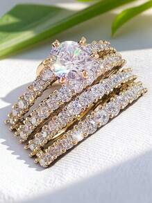 2 件/套双层奢华镂空镶嵌方晶锆石戒指，浪漫结婚戒指，新娘礼物，时尚珠宝礼物，适合女性