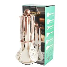 7 pièces d'ustensiles de cuisine en silicone antiadhésif, incluant un support de rangement, un set de cuisine avec spatule et cuillère à motif diamant, un coffret cadeau, incluant spatule, cuillère, et ustensile à spaghettis