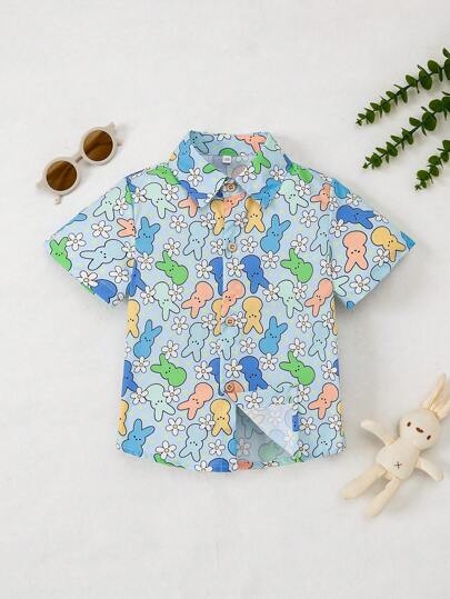 年轻男孩彩色兔子印花翻领短袖节日聚会度假衬衫