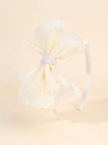 1pc Solid Color Bow Hair Band,Tulle Faux Pearl Headband,Fashion Hair Accessories For Toddlers Kids Daily Use Gifts