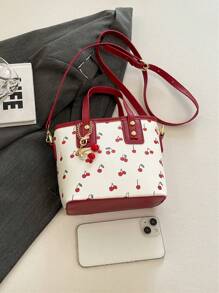 Bolso de mano elegante y lindo con estampado de cereza y dije de cereza, bolso de hombro/bandolera de moda casual adecuado para el uso diario