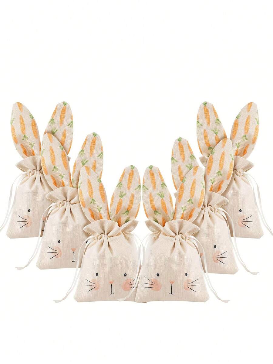 5pcs Linen Bunny Drawstring Bags, Cute Carrot Rabbit Shape, Easter Gift Pouches For Party Favors, Candy, Jewelry, Surprise Packaging, Linen Goodie Bags For Wedding, Tailgating, Spring & Summer Events