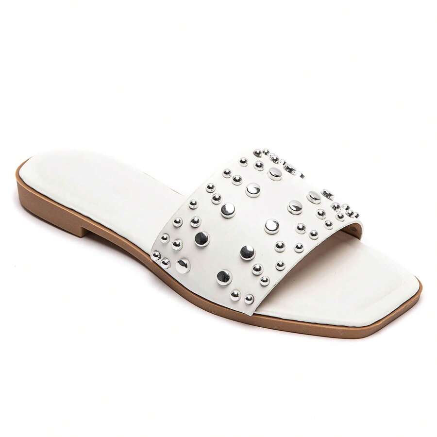 Rivet Strap Design Slippers, Ergonomic Footbed, Suitable For Casual Wear - White - View 1
