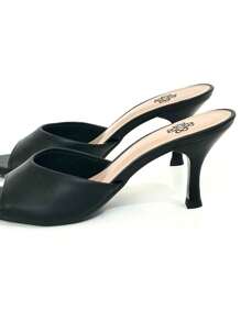 Tamanco Feminino Bico Folha Liso Preto Moda Sandália Mulher Salto Médio