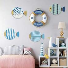 4-Piece Set, Vintage Nautical Wooden Fish Wall Art Set - Coastal Blue Fish Sculpture, Suitable For Decorating Seaside Villas, Bathrooms, And Bedrooms