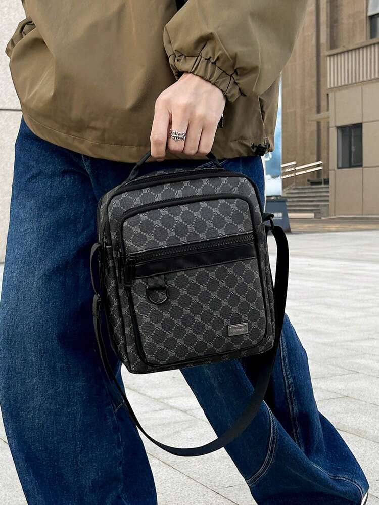 1 pieza Bolso de hombro cruzado de piel de poliuretano con decoración de cremallera con patrón de rombos, apropiado para negocios, trabajo, uso diario casual, multifuncional y versátil - Negro - Añade 8