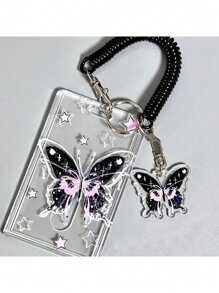 حامل بطاقات أعمال أكريليك أسود بتصميم فراشة و-نجمة، مع سلسلة مفاتيح رياسية، يستخدم لالتقاط الصور وتخزين البطاقات، حامل بطاقات أعمال لعيد الحب، محفظة حامل بطاقات أعمال، حامل بطاقات ائتمان، حامل بطاقة هوية