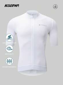 HISERWA White Cycling Short Sleeve Jersey, Professional Tight-Fit Breathable Athletic Shirt For Outdoor Bike Sports, Men, Classic Design With Full Zipper, Wide Hem Band, 3 Rear Pockets, Reflective Trim, Seamless Cuffs, XS-XL