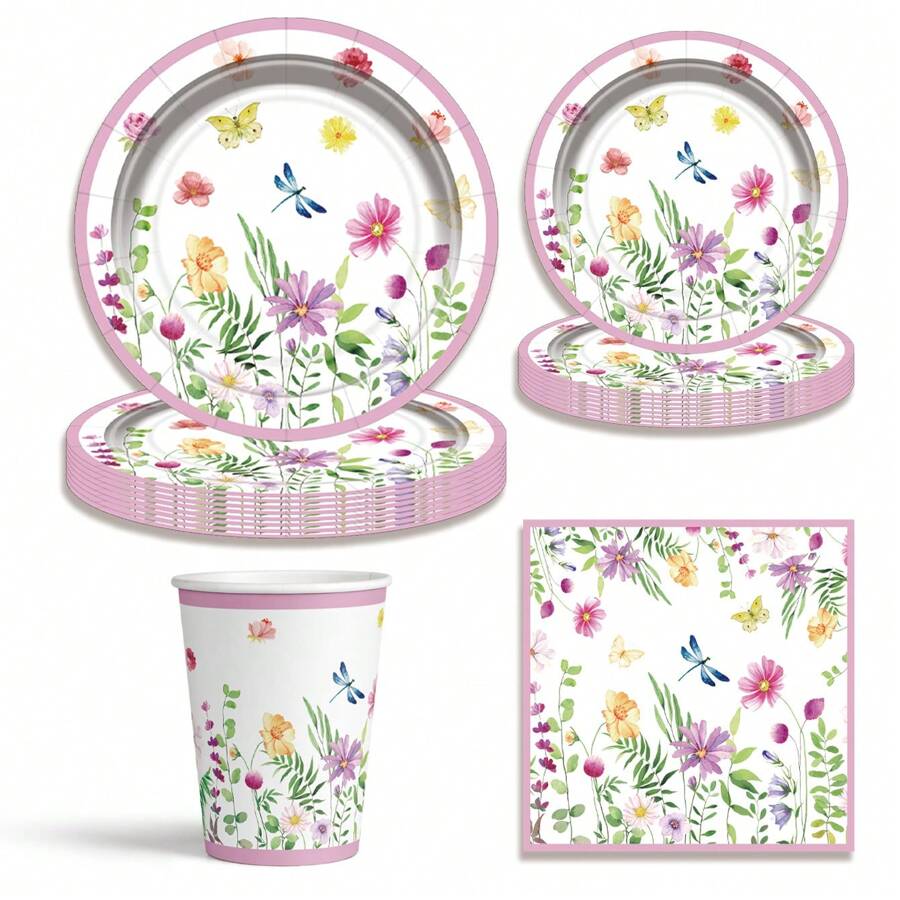 Ensemble jetable de fournitures de fête sur le thème du papillon pour le printemps/été, comprenant des assiettes en papier, des gobelets et des serviettes. Convient pour les rassemblements familiaux, les anniversaires, les mariages et les pique-niques en extérieur