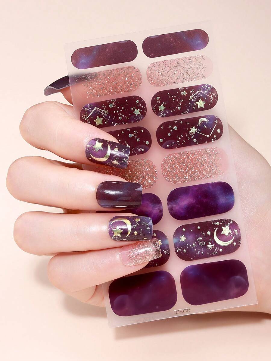 Beauty Sticker 16 miếng dán móng tay toàn bộ, họa tiết tím mộng mơ, ánh sao, trăng vàng lấp lánh, vòng hào quang, tự dính, gel trang trí móng tay kiểu Pháp, bộ dụng cụ làm móng nghệ thuật dành cho nữ, tự làm tại nhà. - Màu tím - Xem 1