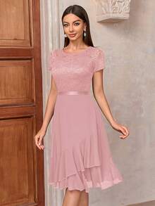 MIUSOL Contrast Floral Lace Chiffon Insert Ruffle Trim Cocktail Party A-Line Dress - Pink - View 4