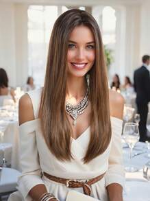 高品质 24 英寸长直棕色无刘海合成耐热纤维假发女士假发非常适合节日派对日常佩戴