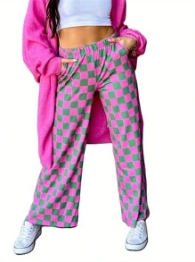 Women Wide-Leg Pants Checkerboard Elastic Waist Loose Trousers Spring Summer Casual Sweatpants Bottoms - Dưa hấu đỏ - Xem 2