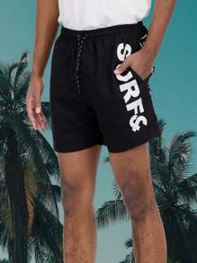 Mens Surf & Beach Print Board Shorts Swim Trunks Mesh Lining Beach Swim Vacation Tropical - 黑色 - 查看 3