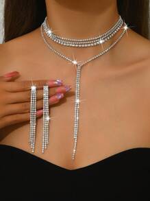 1 pièce Collier long en forme de Y luxueux avec strass + 1 paire de boucles d'oreilles à franges, ensemble de bijoux de mode convenant aux femmes, idéal pour le mariage, les fêtes et le port quotidien