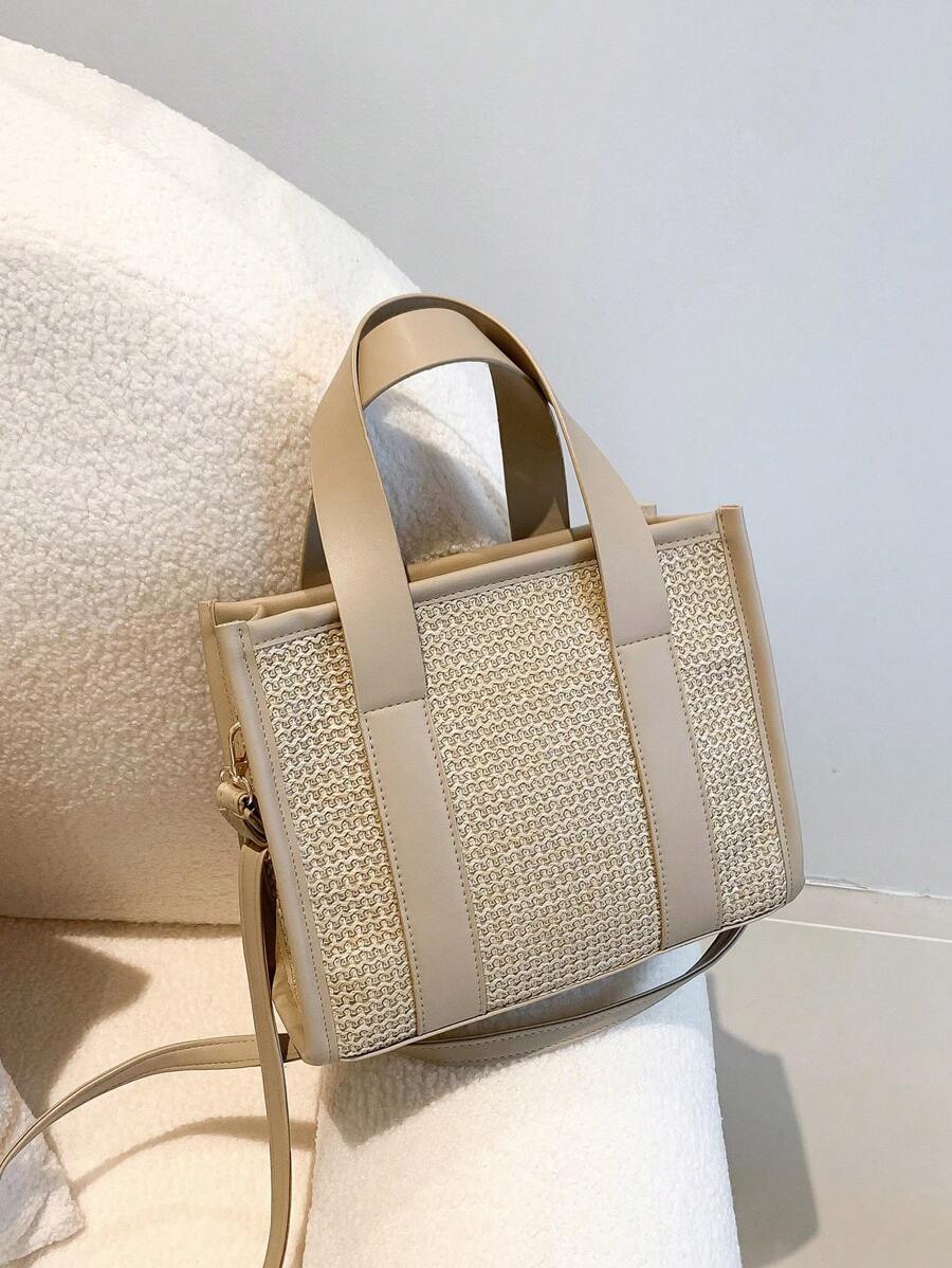 Spring & Summer New Straw Handbag For Women, Multi-Material Patchwork Shoulder & Crossbody Bag, Casual Outdoor Beach Tote, Versatile For Commuting - Khaki - View 1