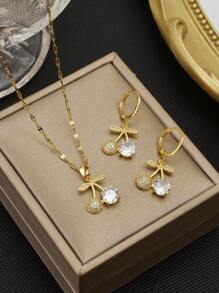 1 套全水钻樱桃不锈钢奢华甜美女士项链和耳环 - 金黃色 - 查看 1