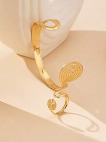 1 Set Geometric Hollow Open Bangle And Open Ring Vintage Elegant Lady Bracelet And Ring Set - Yellow Gold - View 6