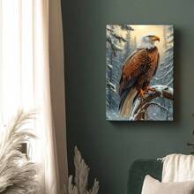 1pc Love Pet Framed Canvas Wall Art Poster Printing Abstract Digital Realism Colorful Vibrant Snow-Covered Detailed Realistic Contrasting White Artistic Expression Creativity. An Eagle Perched On A Tree Branch Wall Art For Living Room Bedroom Bathroom Kitchen Apartment Hotel, Artful Home Decoration - Framed, Vertical