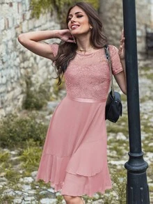 MIUSOL Vestido de cóctel de línea A con cuello redondo de encaje floral, ribete de volantes y dobladillo con capas - Rosa - Ver 6