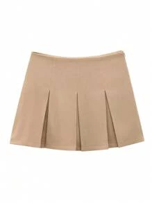 女士百褶迷你裙，新款时尚高腰基础款休闲街头风半裙，夏季 - 卡其色 - 查看 3