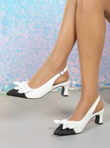 Zapatos de tacón alto de moda para mujer, combinación negro y blanco con material de satén, elegante y sexy para boda, fiesta, lindo tacón de bloque con punta abierta y lazo