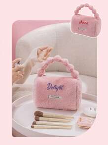 1pc Personalized Women Plush Makeup Bag, Portable Travel Toiletry Bag, Cosmetic Organizer Bag For Skincare Products, Fashion Large Capacity Wash Bag, Embroidered Letter Beauty Bag, Suitable As Gift For Family, Friends, Mother's Day, Girlfriend, Valentine's Day, Christmas, Nurse's Day, Teacher's Day, Birthday - Multicolor - View 7