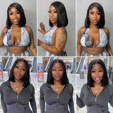 WALSDI 短鲍勃假发直发 200% 密度 14 英寸 13x4 蕾丝前假发 预拔婴儿头发 自然发际线 200 密度透明骨直蕾丝前假发 女士自然黑色 - 彩色 - 查看 8