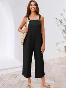Baggy Loose Linen Overalls For Women Dual Pockets Adjustable Straps Casual Bib Jumpsuit Suspender - 黑色 - 查看 4