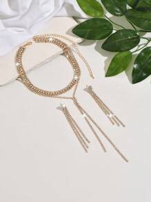 1 pièce Collier long en forme de Y luxueux avec strass + 1 paire de boucles d'oreilles à franges, ensemble de bijoux de mode convenant aux femmes, idéal pour le mariage, les fêtes et le port quotidien