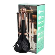 7 pièces d'ustensiles de cuisine en silicone antiadhésif, incluant un support de rangement, un set de cuisine avec spatule et cuillère à motif diamant, un coffret cadeau, incluant spatule, cuillère, et ustensile à spaghettis