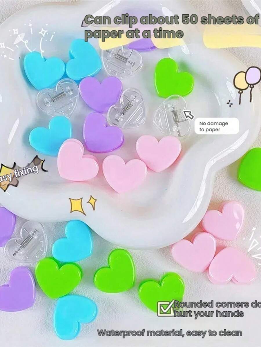 15 个彩色透明心形卡通夹子 办公文具文件、账单、照片装饰塑料 PP 夹