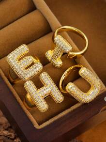 泡泡可爱 26 个字母戒指女士气球镀金锆石 A-Z 字母开口可调节戒指美观婚礼珠宝礼物