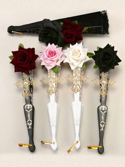 1pc Vintage Palace Style Lace Fan, Elegant Retro Rose Folding Fan, Suitable For Tea Ceremony And Dark-Tone Photo Shooting
