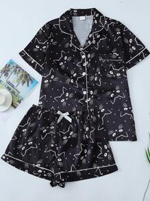 2 件套舒适黑色小猫翻领单排扣短袖口袋上衣和蝴蝶结短裤女式睡衣套装，适合家居服，春夏季，两件套 - 黑色 - 查看 1