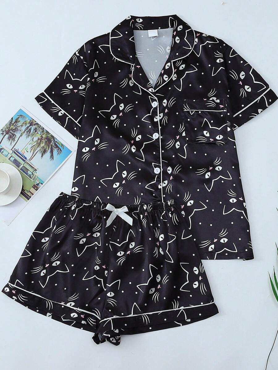 2 件套舒适黑色小猫翻领单排扣短袖口袋上衣和蝴蝶结短裤女式睡衣套装，适合家居服，春夏季，两件套 - 黑色 - 查看 1