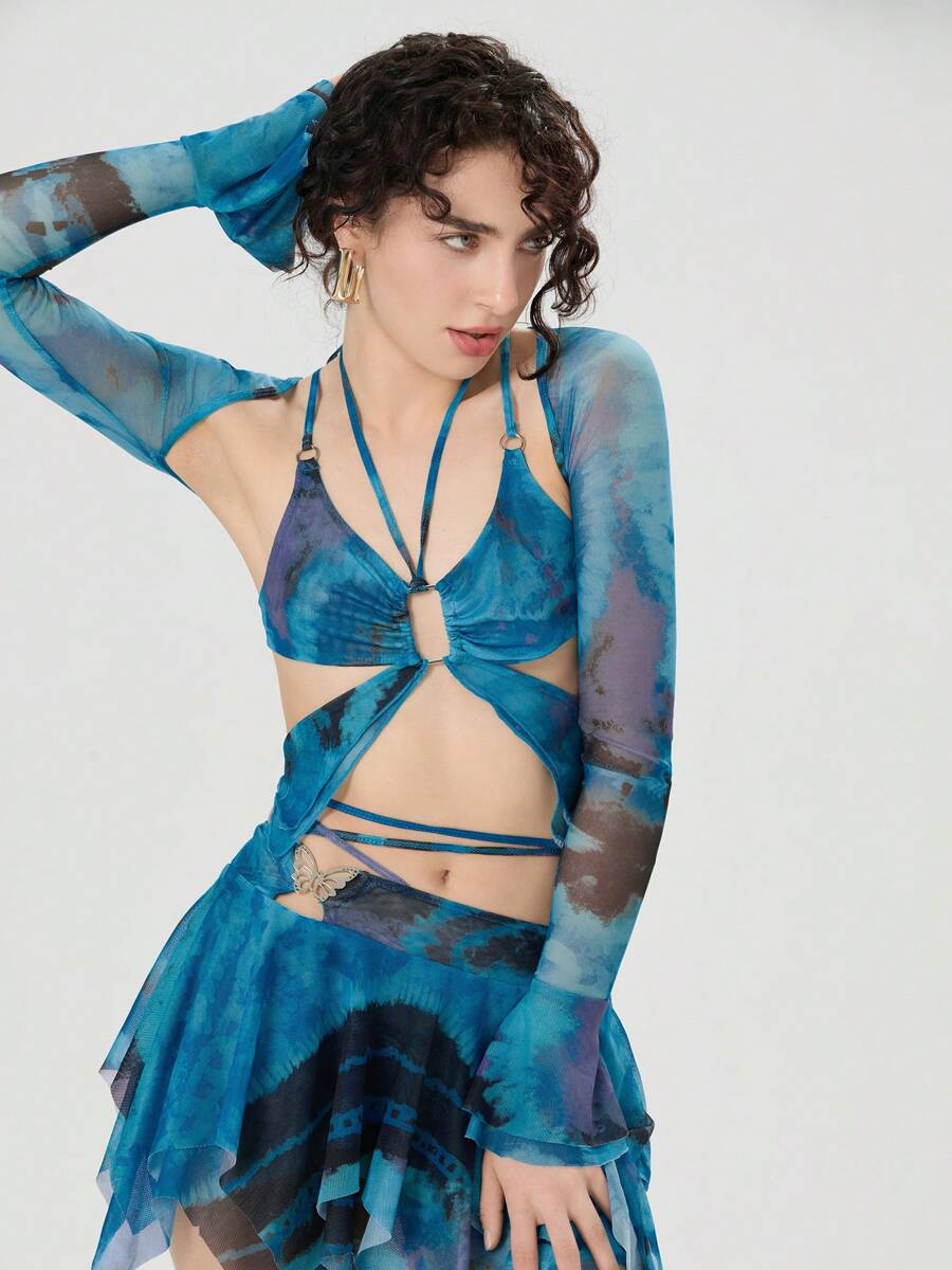 Women's 3 Piece Summer Outfits Long Sleeve Shrug Tops Tie Dye Print Vest Irregular Mini Skirt Set - Blue - View 1